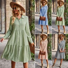 Shift Midi Dress With Long Sleeves For Day Out, Fall Shift Midi Length Shirt Dress, Casual Mid-length Fall Dresses, Spring Plaid Midi Dress Knee-length, Knee-length Shift Shirt Dress For Fall, Spring Plaid Long Sleeve Shirt Dress, Plaid Long Sleeve Shirt Dress For Spring, Long Sleeve Shift Dress For Fall, Casual Long Sleeve Plaid Dress For Summer