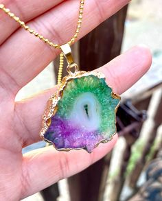 "Mesmerizing, natural rainbow Druzy Geode fully crystallized minerals, with irregular sizes and shapes. There are currently 2 in stock and all different since natural Stones are hard to get to a fixed shape and size. --The sizes: Pendant A: 1.25\" around approximately. Pendant B: 1.50\"*1.25\" approx. --20\" inches long ball chain, 14k yellow gold plated over copper. --The pendants are 14k yellow gold electroplated." Rainbow Geode, Bloodstone Necklace, Native American Design, Crystal Pendant Necklace, Natural Rainbow, Crystal Necklace Pendant, Ball Chain, Turquoise Sterling Silver, Crystal Pendant