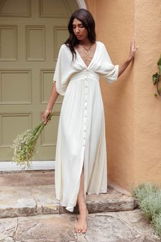 Paradise Found V-Neck Button Maxi Dress Natural by Selfie Leslie Long Sleeve Milkmaid Dress, White Dress Family Photos, White Long Flowy Dress, November Engagement Pictures Outfit, Engagement Photoshoot Dress, Neutral Family Picture Outfits, Engagement Shoot Dress, Desert Photoshoot Outfit, White Dress With Sleeves