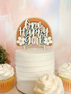 "One Happy Girl Cake Topper by The Birchwood Market Topper Size:  Choose desired width. Height will vary based on width chosen. Material: Birch Wood Unfinished Natural Wood Laser Engraved & Cut NOTE: Topper Shown on a 5\" Round Cake Colors can vary screen to screen. Actual color may vary slightly. laser Engraved Items can have marks on them from being cut by the laser. Shop more cake toppers here:  https://www.etsy.com/shop/TheBirchwoodMarket" One Happy Baby First Birthday Girl, One Happy Girl Birthday Party, Boho Rainbow Cake Topper, Boho Rainbow Cake, Groovy Cake, 2 Groovy