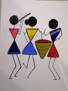 a drawing of three women holding umbrellas on top of a white sheet with black dots