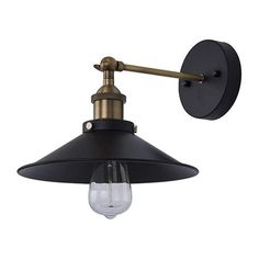 an antique style wall light with a black and gold finish on the arm, one bulb is