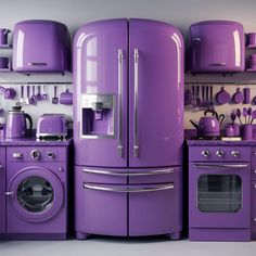 a purple kitchen with pots, pans and utensils