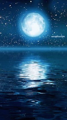 the full moon is shining brightly over the water and stars in the sky above it