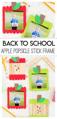 an apple popsicle stick frame with the words back to school on it and pictures of apples