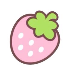 a pink strawberry with white dots on it's side and a green leaf sticking out of the top