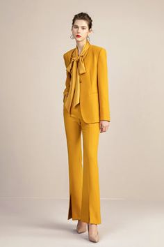 Cheap Yellow Blazer For The Office, Luxury Yellow Shirt For Workwear, Luxury Yellow Long Sleeve Palazzo Set, Luxury Yellow Wide Leg Pants For Women, Luxury Wide Leg Pants For Women In Yellow, Luxury Yellow Formal Pants, Luxury Yellow Formal Blouse, Luxury Yellow Trousers, Luxury Silk Business Suits