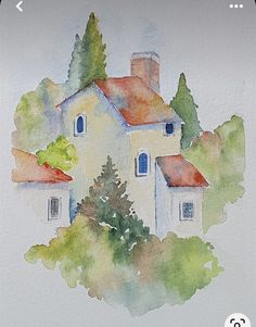 a watercolor painting of a house surrounded by trees