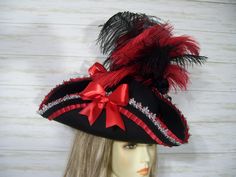 Black and Red Pirate Hat Black Tricorn Hat Halloween Pirate - Etsy Red Brimmed Hat For Costume, Pirate Style Brimmed Costume Hat For Parties, Black Pirate Costume Accessories For Themed Events, Pirate-themed Black Costume Accessories, Pirate Style Black Costume Accessories For Cosplay, Black Pirate Costume Accessories For Cosplay, Black Pirate Costume Hat With Curved Brim, Black Brimmed Costume Hat For Themed Events, Red Costume Hats And Headpieces For Carnival