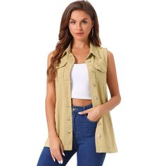 This jean vest jacket is made of soft and breathable denim cotton. Falls to mid-thigh for an elegant look that is slimming, flattering, and comfortable to wear. Suitable for daily casual, vacation, school, shopping, weekend gatherings or shopping etc. You can match it with a sweater for fall and winter or a casual tank cami for sunshine and summer. It is a good choice for the upcoming season. Spring Button-up Vest With Pockets, Trendy Cotton Vest With Snap Buttons, Sleeveless Denim Jacket For Summer Workwear, Trendy Button-up Cotton Vest, Casual Sleeveless Denim Jacket With Buttons, Sleeveless Denim Jacket With Buttons For Fall, Fall Sleeveless Denim Jacket With Buttons, Casual Button-up Spring Vest, Sleeveless Cotton Denim Jacket With Button Closure