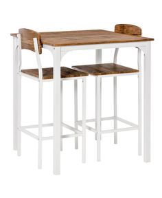 a table with two stools and a small wooden table top in white wood, against a white background