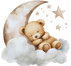 a brown teddy bear sitting on top of a cloud next to a crescent moon and stars