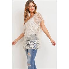 Super Versatile And Adorable. Made Of Cotton. One Size: B: 44”, W:44”, L:23” Cream V-neck Top With Crochet Trim, Beige Pointelle Knit Tops For The Beach, Beige Casual V-neck Lace Top, Casual Beige Lace Top V-neck, Casual Beige Lace Top, V-neck, Casual Beige V-neck Lace Top, Beige Crochet Lace V-neck Top, Beige V-neck Top With Crochet Lace, Open Knit Lace V-neck Top