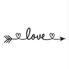 an arrow with the word love written on it and two hearts drawn in black ink