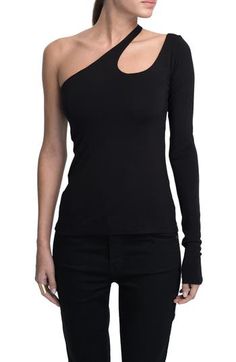 This close-fitting top is designed in a sleek shoulder-baring silhouette with an edgy neckline cutout. One-shoulder neck Single long sleeve 96% Tencel® lyocell, 4% elastane Tencel lyocell is a more-sustainably produced fiber made with closed-loop processing Machine wash, line dry Imported Modern Off-shoulder Tops For Night Out, Modern Tops With Asymmetrical Neckline For Night Out, Modern Asymmetrical Neckline Top For Night Out, Edgy Off-shoulder Party Tops, Fitted Cutout Top For Evening, Edgy Fitted One Shoulder Top For Party, Sleek Top With Asymmetrical Neckline For Night Out, Edgy One-shoulder Top For Party, Edgy One Shoulder Top For Night Out