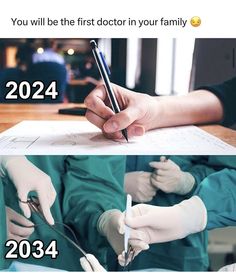 two pictures with hands holding scissors and writing on paper, one has the first doctor in your family 2054 you will be the first doctor in your family