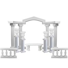 an arch with pillars and benches on the sides, all in white painted wood or acrylic paint