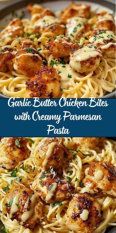 garlic butter chicken bites with creamy parmesan pasta is an easy and delicious dinner