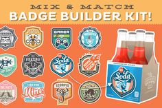 an orange background with badges and stickers on it that says, mix & match badge builder kit