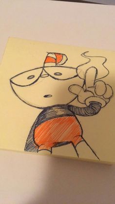 a drawing of a person with a hat on his head and an orange shirt is in the foreground