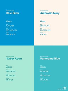 four different colored squares with the same font and numbers on each one, including blue birds