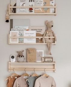 two wooden shelves with books and stuffed animals on them in a child's room