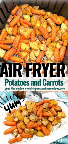 air fryer potatoes and carrots on the grill with text overlay that reads air fryer potatoes and carrots