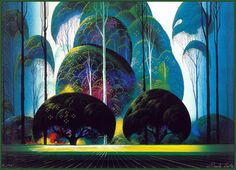 a painting of trees in the middle of a forest with bright lights coming from them