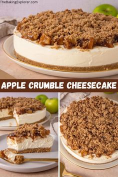 an apple crumble cheesecake on a plate with two slices cut out and ready to be eaten