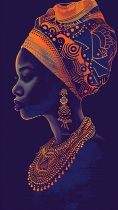 an african woman in a turban and headdress is featured on a dark background