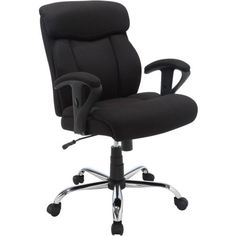 an office chair with black fabric upholstered on the back