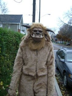 a person in a costume standing on the sidewalk