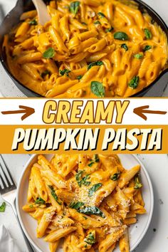 creamy pumpkin pasta with spinach and parmesan cheese in a skillet on the side