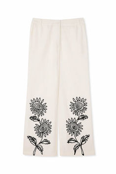 Embroidery Detail Mid Waist Trousers Embroidered Wide Leg Workwear Bottoms, Floral Embroidery Straight Pants For Workwear, Floral Embroidered Straight Pants For Workwear, Floral Embroidery Straight Pants For Work, Embroidered Pants For Spring Workwear, Casual Mid-rise Embroidered Pants, White Embroidered Straight Leg Pants, Embroidered Mid-rise Summer Pants, Beige Embroidered Straight Pants