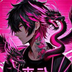 an anime character with pink hair and dragon tattoo on his chest, standing in front of a