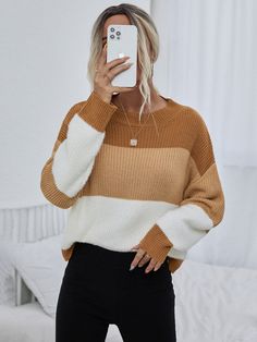 Multicolor Casual  Long Sleeve Acrylic Colorblock Pullovers Embellished Slight Stretch Spring/Fall Women Knitwear Drop Shoulder Sweater, Pullover Outfit, Colour Blocking, Drop Shoulder Sweaters, Color Block Sweater, Really Cute Outfits, Cute Sweaters, Knitwear Women, Long Sweaters