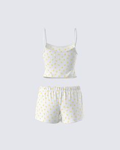 Because even when you’re sleeping, you gotta look cute 🐥 Featuring an ivory duck print camisole top paired with matching mini shorts, this two-piece lounge look is the perfect look for when you need a little R&R 😌 Casual Loungewear Sets With Spaghetti Straps, White Vacation Sets Short Length, White Summer Lounging Sets, Cute Summer Vacation Sleepwear, Cute White Vacation Sets, White Top For Summer Pajama Party, White Summer Top For Pajama Party, White Tops For Summer Pajama Party, White Summer Lounging Sleepwear