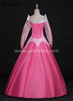 a pink ball gown with long sleeves and white trimmings on the neckline