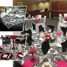 the tables are decorated with black and white linens