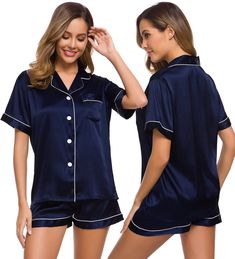 PRICES MAY VARY. Material: SWOMOG satin pajama set with soft, lightweight, comfortable and skin-friendly silky fabric(95% Polyester, 5% Spandex), give you a relax night. Let you enjoy the comfort of satin all night long. Features: The 2 piece pajama set includs a short sleeve top and a pair of shorts. The button down top with notch-collar detailing and a chest pocket, it's easy to put on and take off. The shorts with soft elastic waistband that fits for any body size and makes relaxing as comfor Dress Shirt Collar, Satin Pajamas Set, Bridal Sleepwear, Satin Pjs, Pyjama Satin, Loose Fitting Pants, Silk Pajama, Satin Set, Short Loungewear