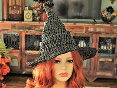 "Happy Summer-ween! You can certainly wear this witch hat all year, but it is specifically designed with Spring and Summer in mind! I made this from Raffia so it is airy, lightweight and still shapeable. Firm enough to stand on its own with that classic shape and the brim is wired. The more you scrunch it, the more crooked it gets. Airy enough to get through the heat and folds flat for travel. You can add your own flowers, pins, or whatever through the holes in the hat or wear it as is. The stit Black Witchy Hat For Halloween, Black Brimmed Halloween Hat, Black Brimmed Hat For Halloween, Black Wide Brim Hat For Costume Party, Black Brimmed Witchy Hat, Black Brimmed Witchy Costume Hat, Witchy Black Brimmed Costume Hat, Black Witchy Brimmed Hat, Black Witchy Brimmed Costume Hat