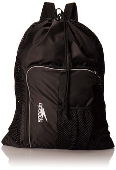 a black backpack with the word speed on it's side and zippered pocket