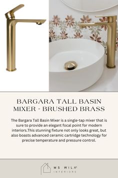 a bathroom sink with brass faucets and a white bowl in the middle, next to an advertisement for barga tall basin mixer brushed brass