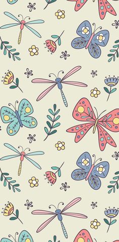 an image of colorful butterflies and flowers on a white background