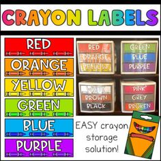 red, orange, yellow and green crayon labels with the words easy crayon