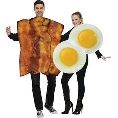 a man and woman are dressed up as bacon and eggs