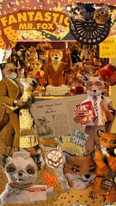 an altered collage of many different animals and things in the background, including a newspaper