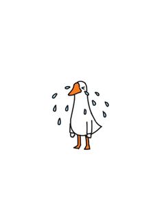 a drawing of a duck with an umbrella over its head and rain drops coming down on it