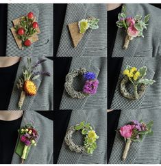 six different images of flowers and boutonnieres arranged in order to look like they are made out of fabric