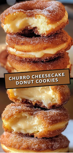 several donuts stacked on top of each other with cheesecake toppings in between them